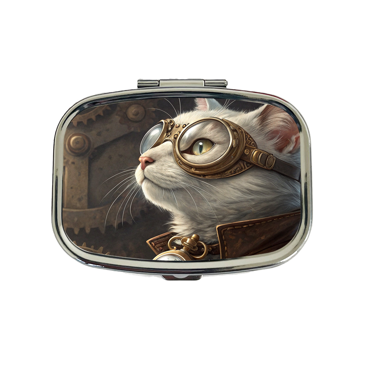 White Cat Steampunk Travel Pill Box Case