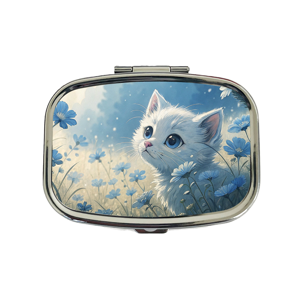 White Kitten in Field Of Blue Flowers Anime Style Travel Pill Box Case