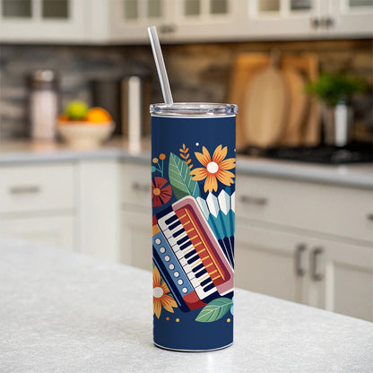 Accordion Music Floral Motif Skinny Tumbler 20oz with Straw Insulated Water Bottle Gift