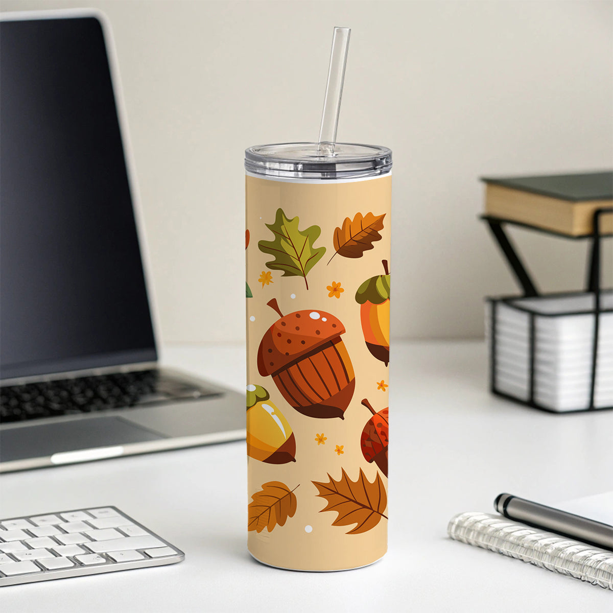 Acorns Scattered Fall Autumn Skinny Tumbler 20oz with Straw Insulated Water Bottle Gift