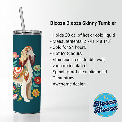 Afghan Hound Dog Floral Flowers Skinny Tumbler 20oz with Straw Insulated Water Bottle Gift