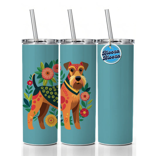 Airedale Terrier Dog Floral Flowers Skinny Tumbler 20oz with Straw Insulated Water Bottle Gift