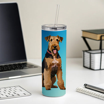 Airedale Terrier Dog Sitting Skinny Tumbler 20oz with Straw Insulated Water Bottle Gift
