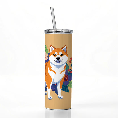 Akita Dog Floral Flowers Skinny Tumbler 20oz with Straw Insulated Water Bottle Gift