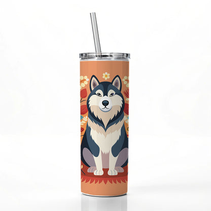 Alaskan Malamute Dog Floral Flowers Skinny Tumbler 20oz with Straw Insulated Water Bottle Gift