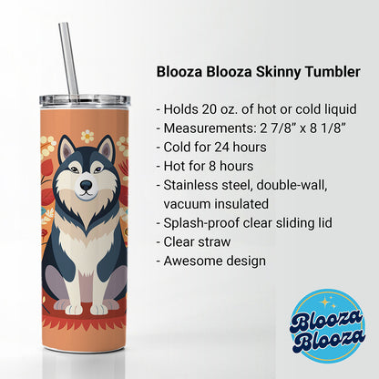 Alaskan Malamute Dog Floral Flowers Skinny Tumbler 20oz with Straw Insulated Water Bottle Gift