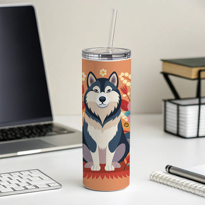 Alaskan Malamute Dog Floral Flowers Skinny Tumbler 20oz with Straw Insulated Water Bottle Gift