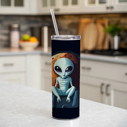 Alien Sitting Moon Planet Space Skinny Tumbler 20oz with Straw Insulated Water Bottle Gift