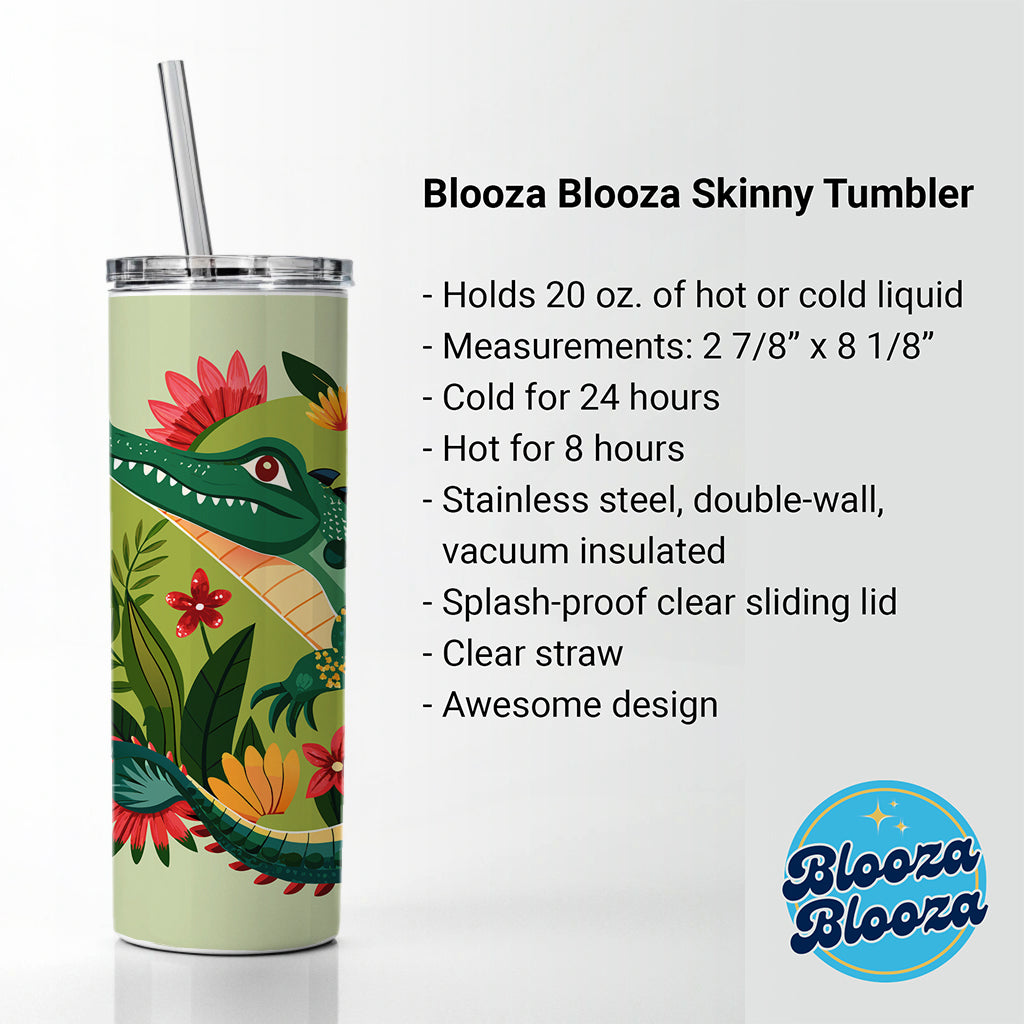 Alligator Floral Flowers Skinny Tumbler 20oz with Straw Insulated Water Bottle Gift