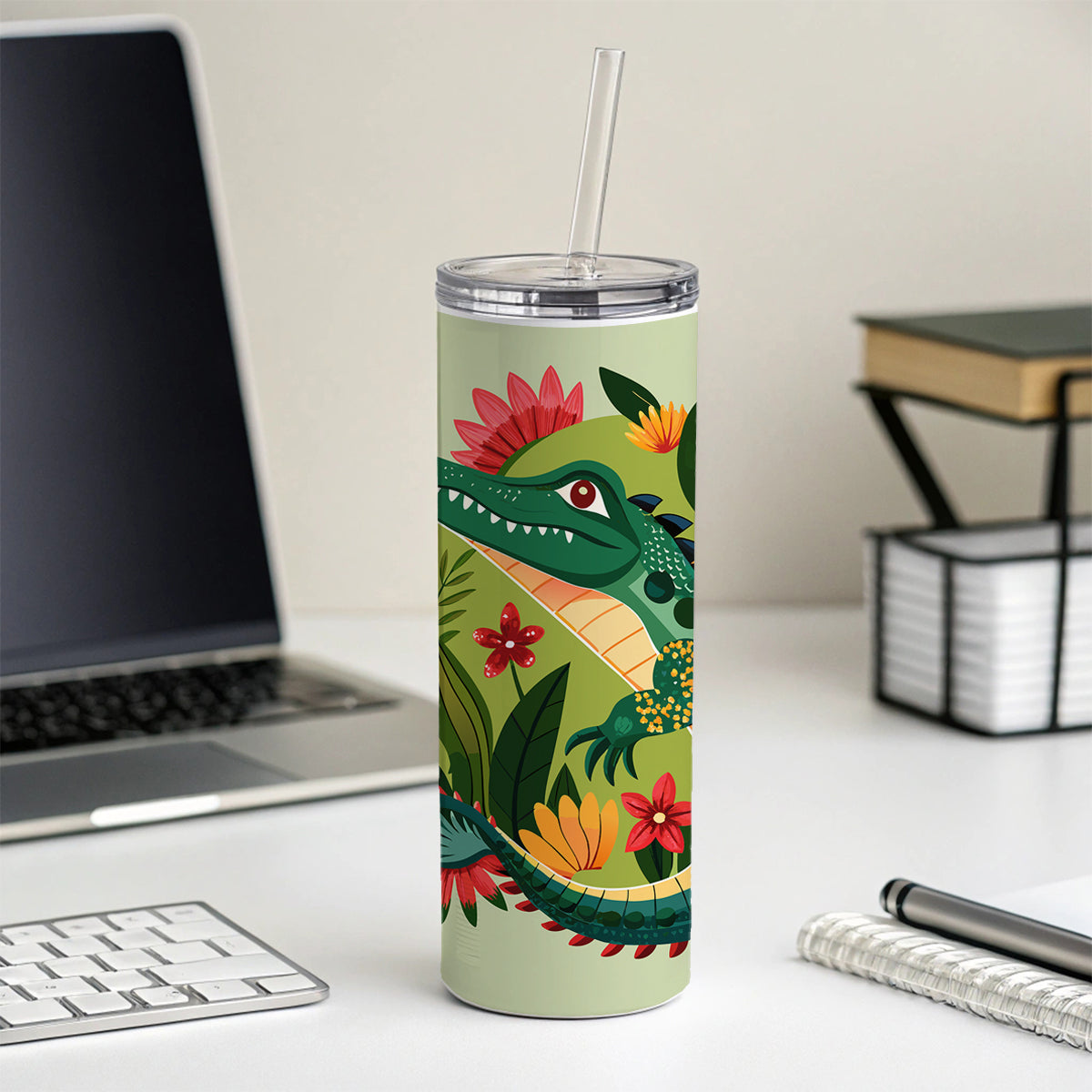 Alligator Floral Flowers Skinny Tumbler 20oz with Straw Insulated Water Bottle Gift