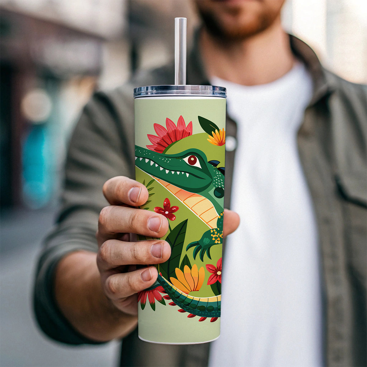 Alligator Floral Flowers Skinny Tumbler 20oz with Straw Insulated Water Bottle Gift