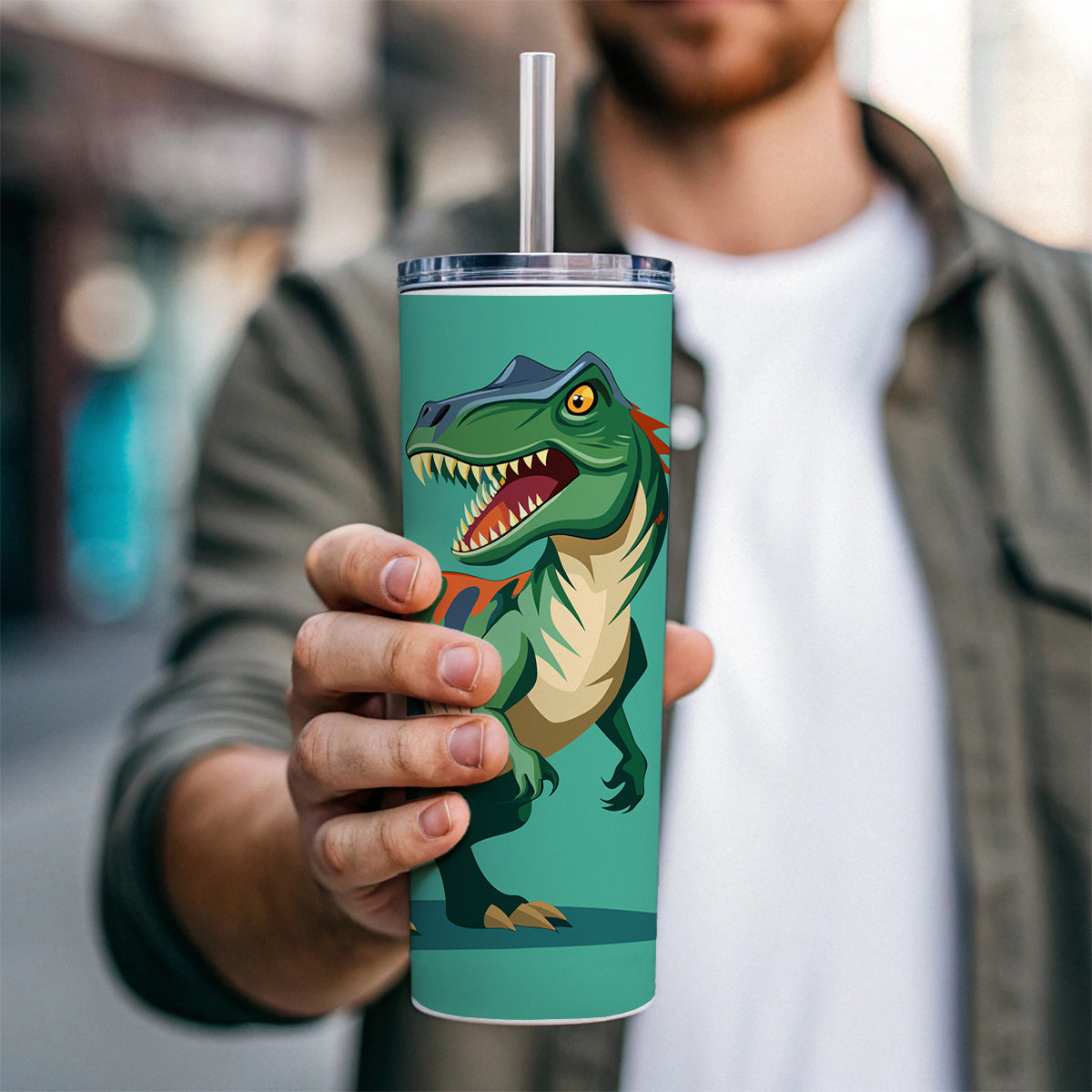Allosaurus Dinosaur Skinny Tumbler 20oz with Straw Insulated Water Bottle Gift