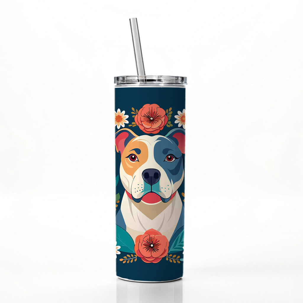 American Bulldog Dog Floral Flowers Skinny Tumbler 20oz with Straw Insulated Water Bottle Gift