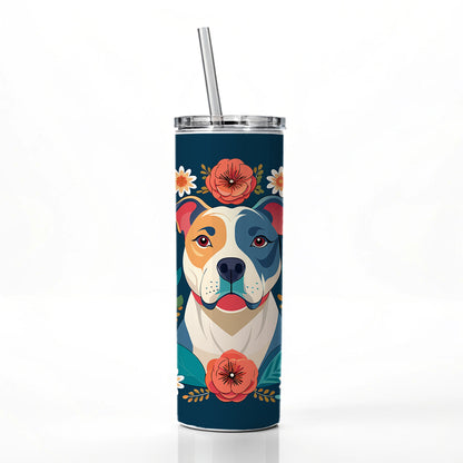 American Bulldog Dog Floral Flowers Skinny Tumbler 20oz with Straw Insulated Water Bottle Gift