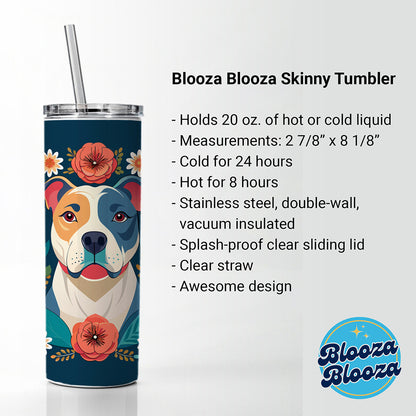 American Bulldog Dog Floral Flowers Skinny Tumbler 20oz with Straw Insulated Water Bottle Gift