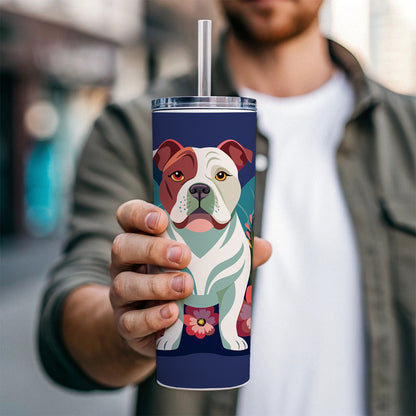 American Bulldog Floral Flowers Skinny Tumbler 20oz with Straw Insulated Water Bottle Gift