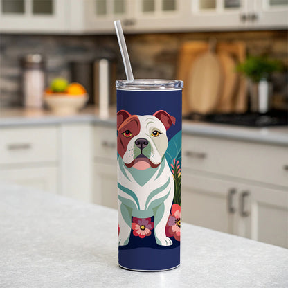 American Bulldog Floral Flowers Skinny Tumbler 20oz with Straw Insulated Water Bottle Gift