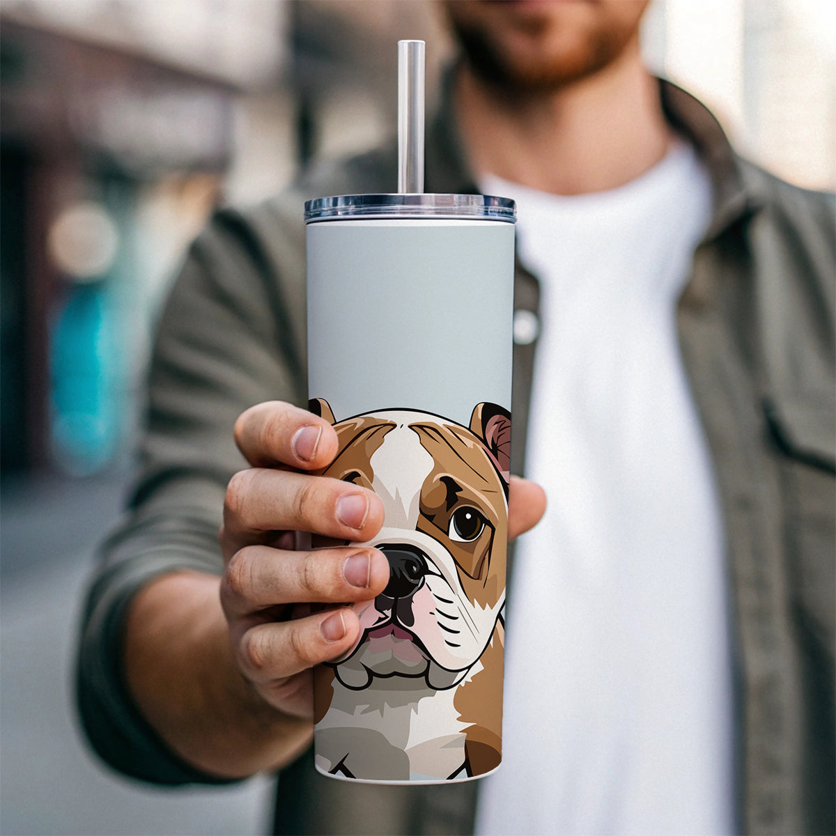 American Bulldog Staring Skinny Tumbler 20oz with Straw Insulated Water Bottle Gift