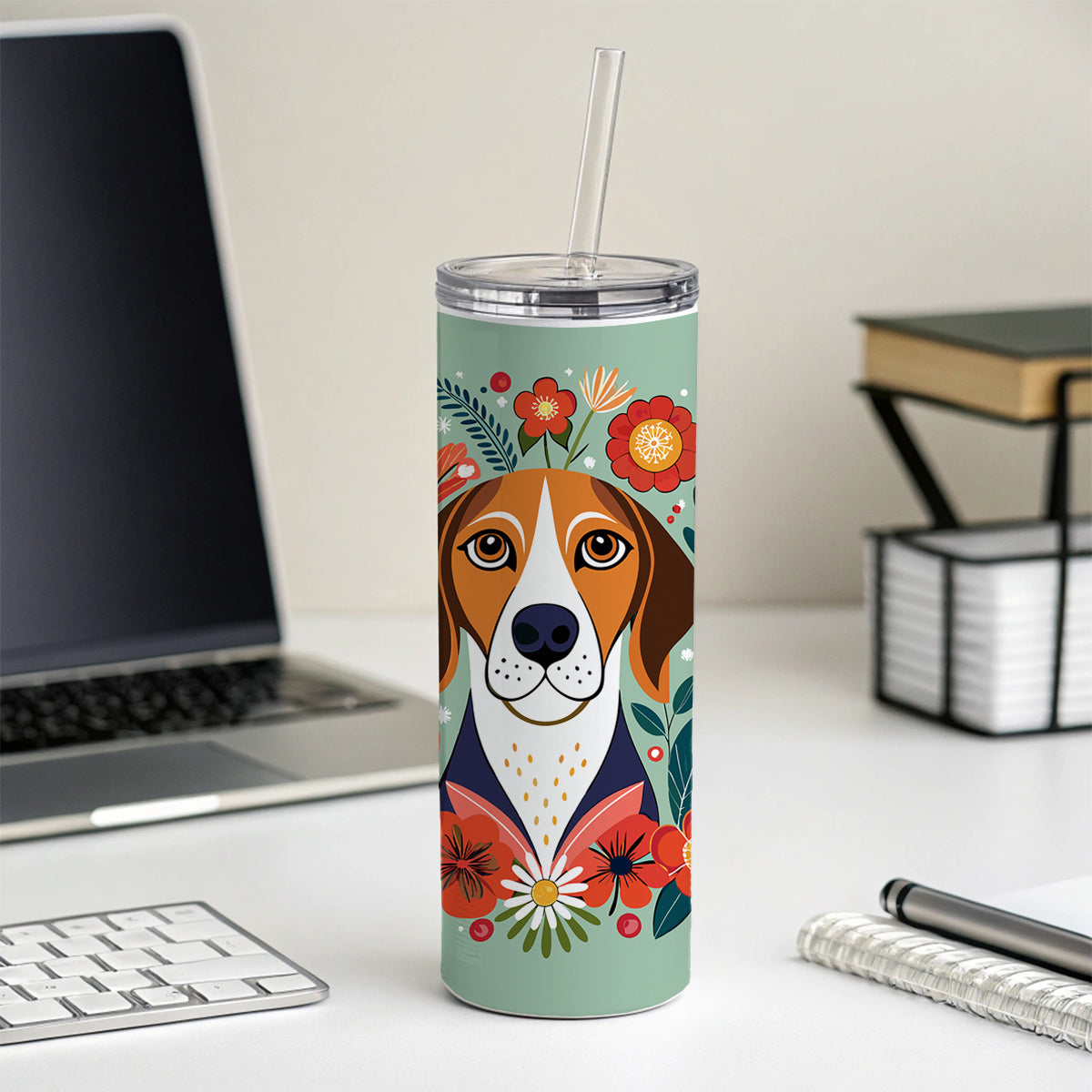 American English Coonhound Dog Floral Flowers Skinny Tumbler 20oz with Straw Insulated Water Bottle Gift
