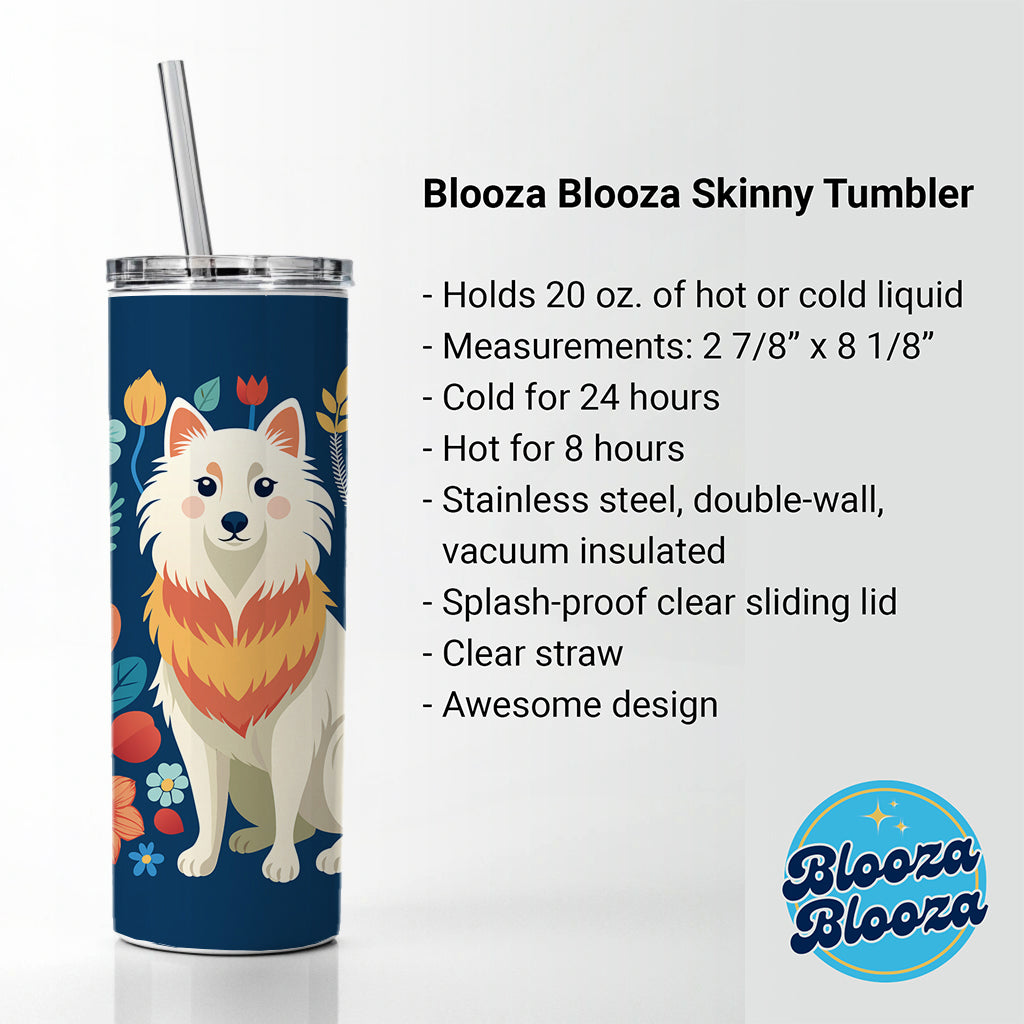 American Eskimo Dog Floral Flowers Skinny Tumbler 20oz with Straw Insulated Water Bottle Gift