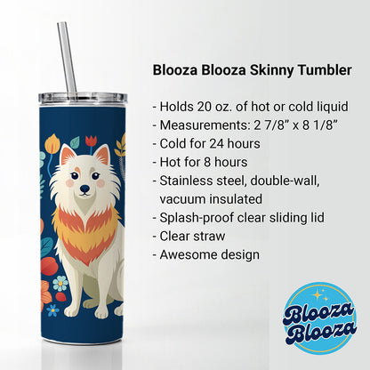 American Eskimo Dog Floral Flowers Skinny Tumbler 20oz with Straw Insulated Water Bottle Gift