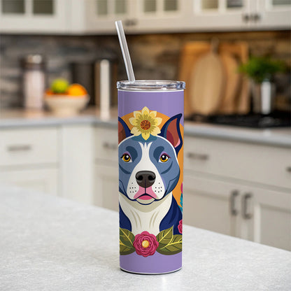 American Pit Bull Terrier Dog Floral Flowers Skinny Tumbler 20oz with Straw Insulated Water Bottle Gift