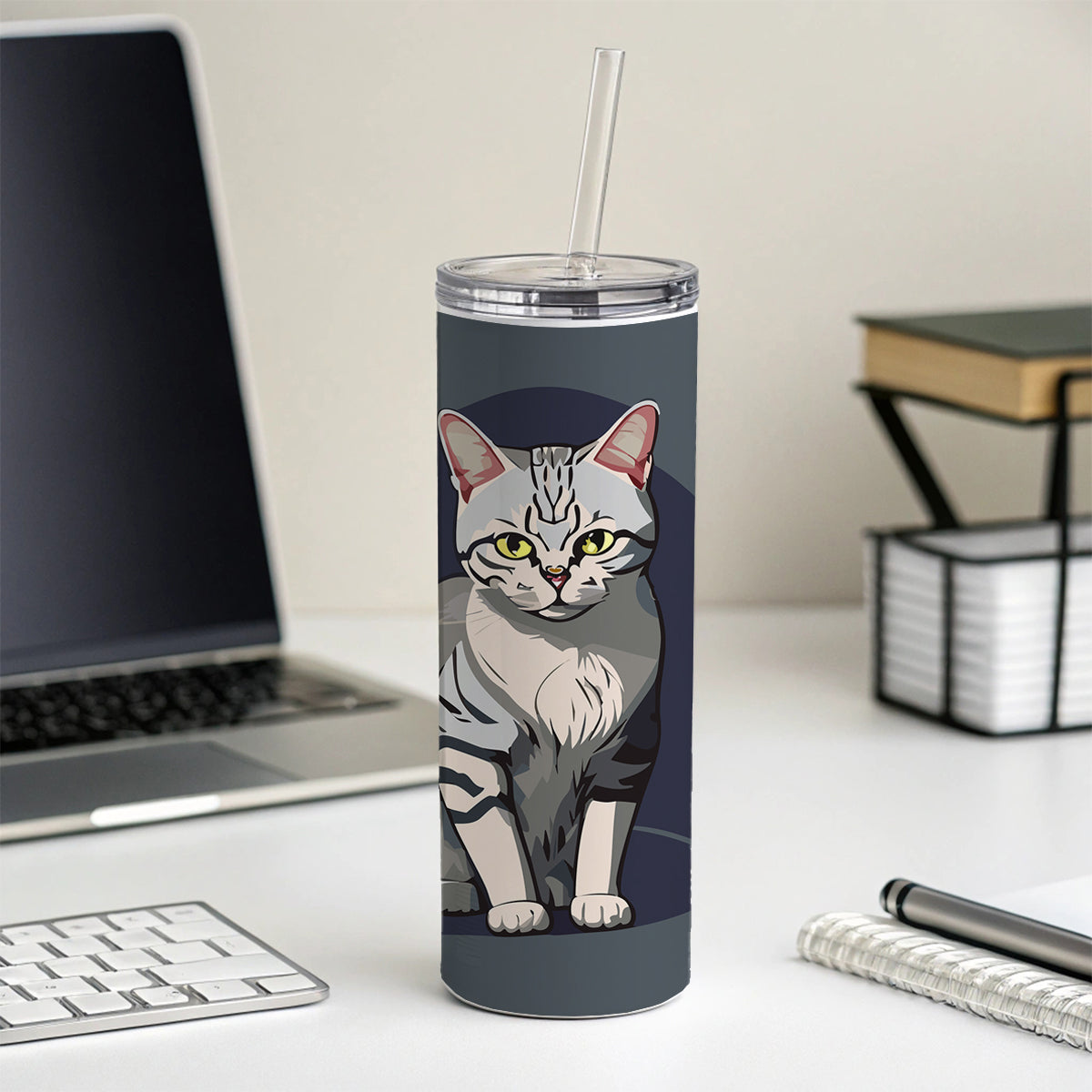 American Shorthair Cat Sitting Skinny Tumbler 20oz with Straw Insulated Water Bottle Gift
