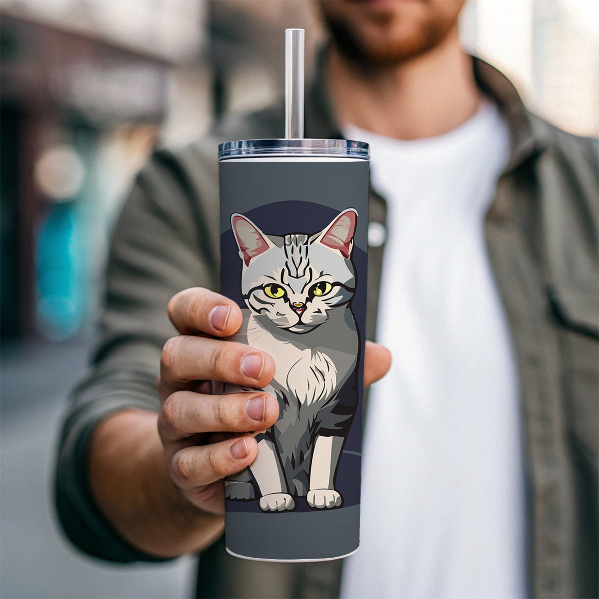 American Shorthair Cat Sitting Skinny Tumbler 20oz with Straw Insulated Water Bottle Gift