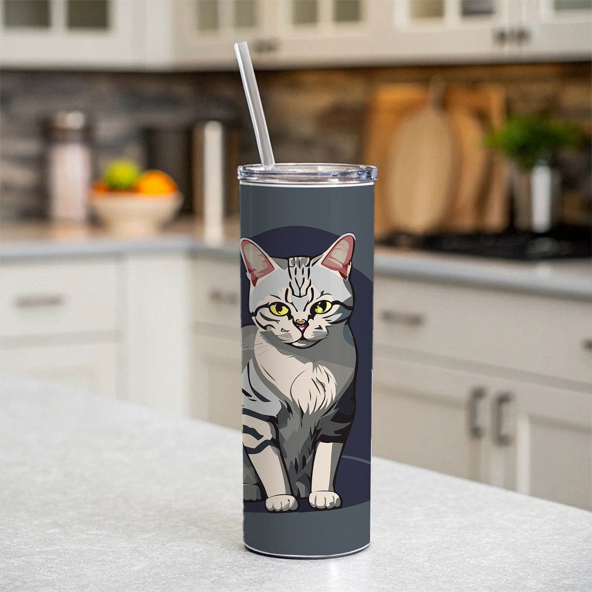 American Shorthair Cat Sitting Skinny Tumbler 20oz with Straw Insulated Water Bottle Gift