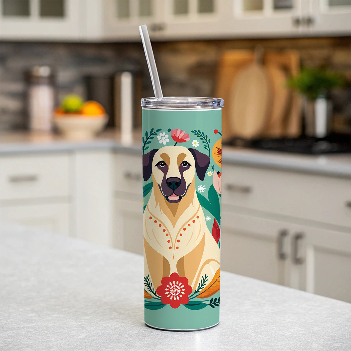 Anatolian Shepherd Dog Floral Flowers Skinny Tumbler 20oz with Straw Insulated Water Bottle Gift