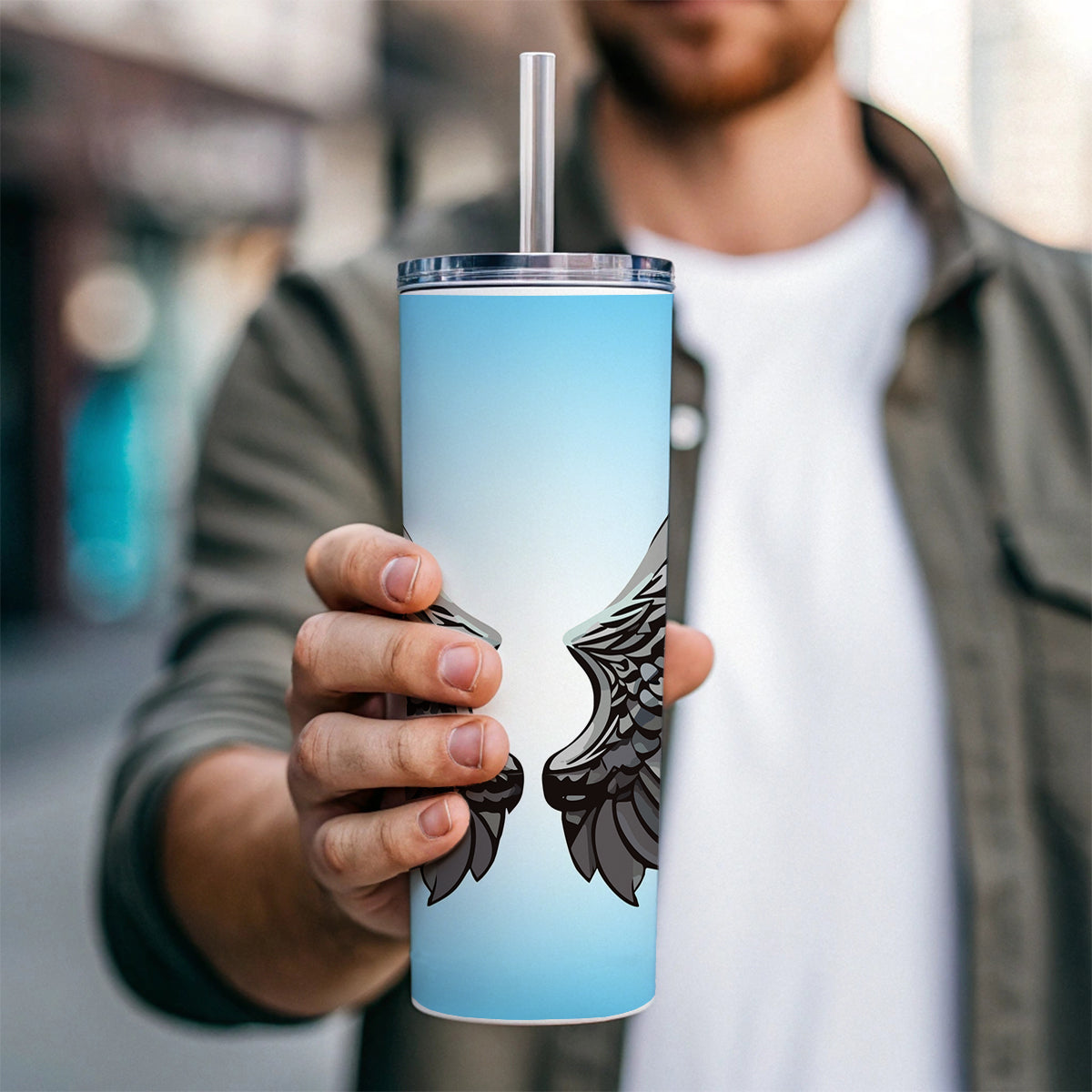 Angel Wings Pair Skinny Tumbler 20oz with Straw Insulated Water Bottle Gift