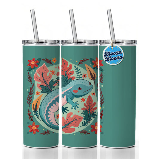 Axolotl Floral Motif Skinny Tumbler 20oz with Straw Insulated Water Bottle Gift
