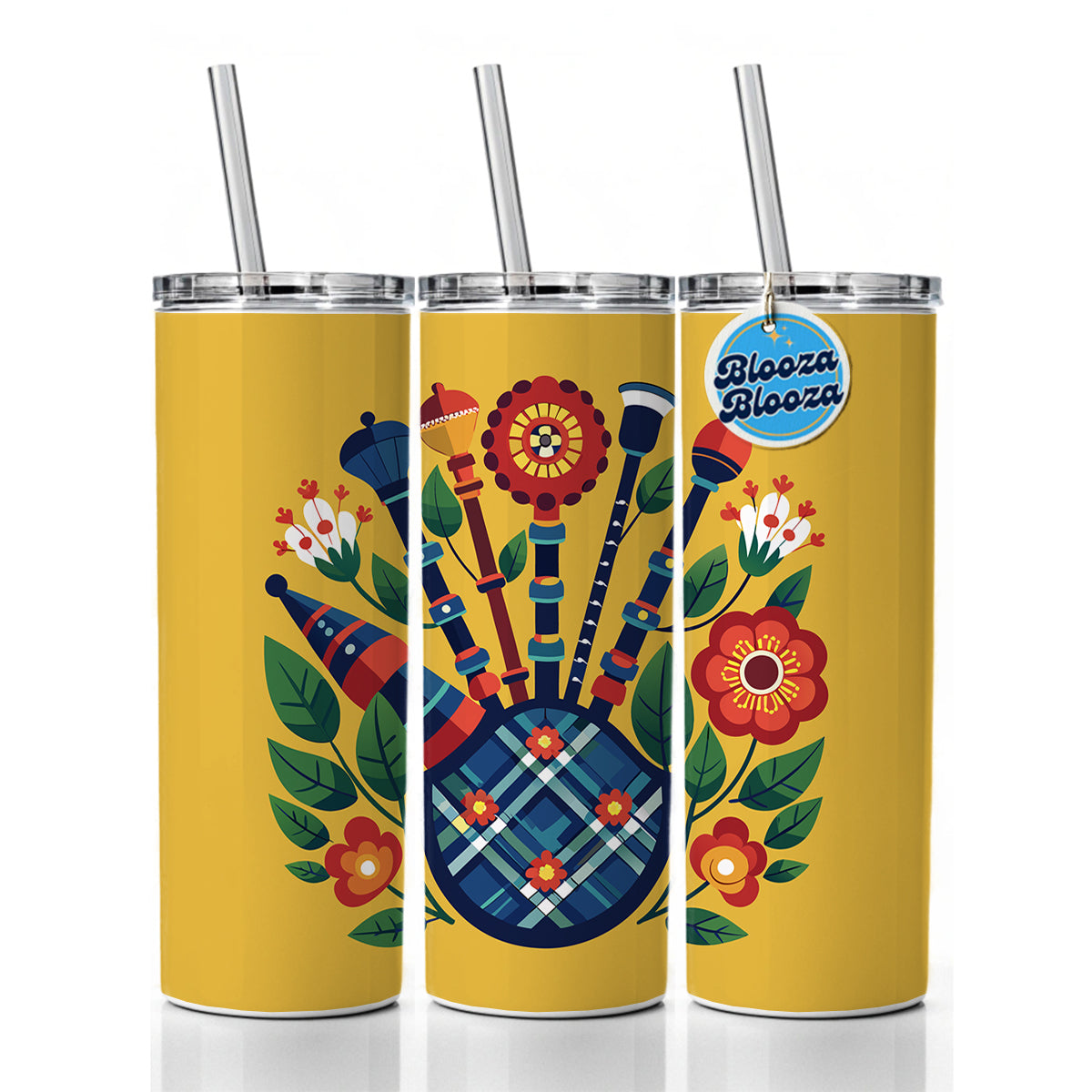 Bagpipes Music Floral Motif Skinny Tumbler 20oz with Straw Insulated Water Bottle Gift