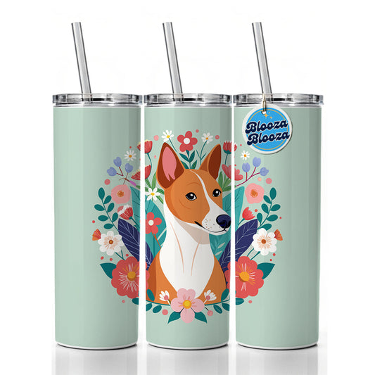 Basenji Dog Floral Flowers Skinny Tumbler 20oz with Straw Insulated Water Bottle Gift