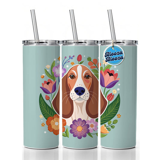 Basset Hound Dog Floral Flowers Skinny Tumbler 20oz with Straw Insulated Water Bottle Gift