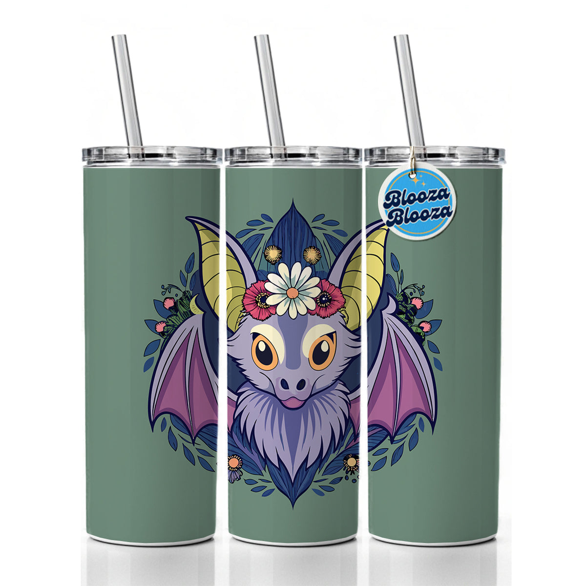 Bat Floral Flowers Halloween Skinny Tumbler 20oz with Straw Insulated Water Bottle Gift