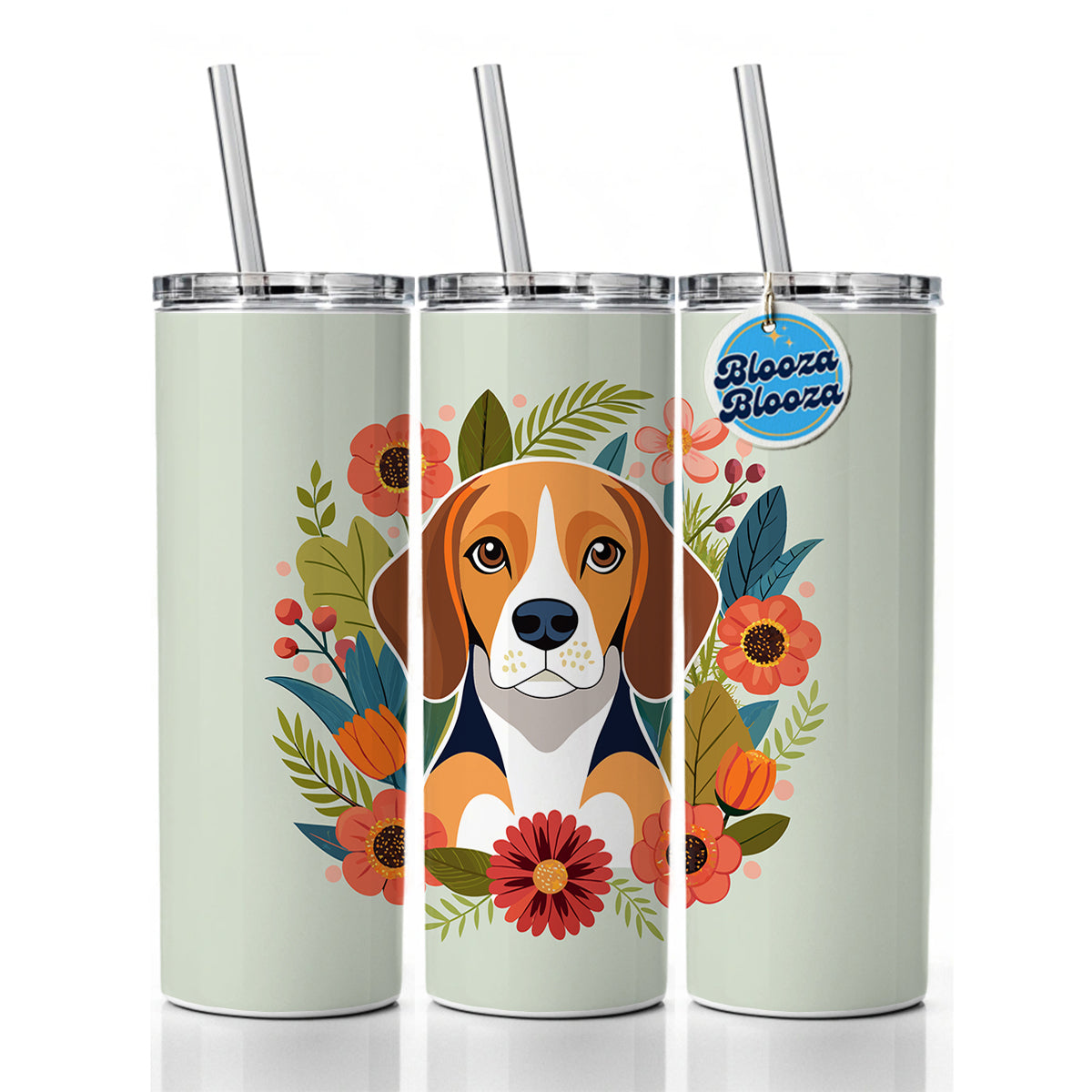 Beagle Dog Floral Flowers Skinny Tumbler 20oz with Straw Insulated Water Bottle Gift