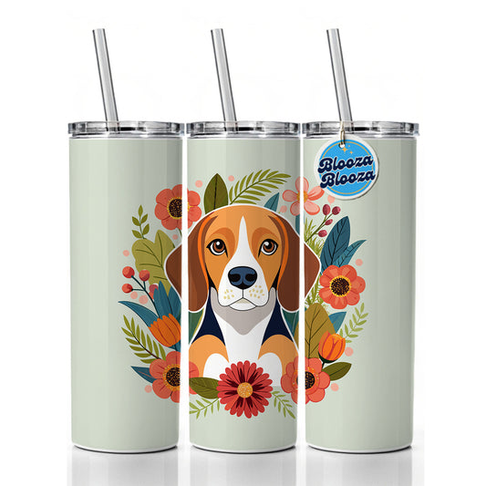 Beagle Dog Floral Flowers Skinny Tumbler 20oz with Straw Insulated Water Bottle Gift