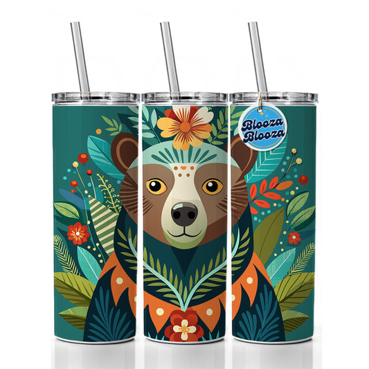 Bear Floral Flowers Skinny Tumbler 20oz with Straw Insulated Water Bottle Gift