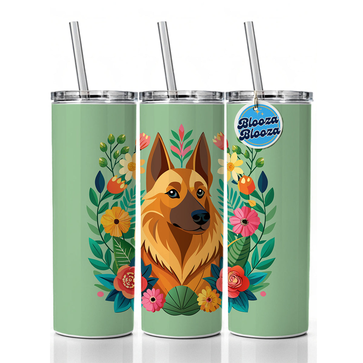 Belgian Shepherd Dog Floral Flowers Skinny Tumbler 20oz with Straw Insulated Water Bottle Gift