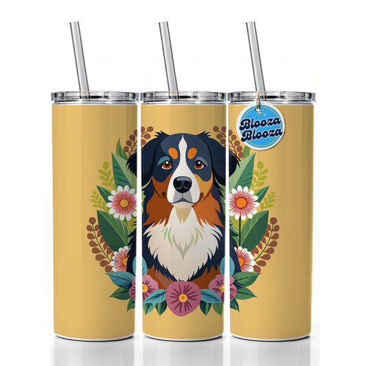 Bernese Mountain Dog Floral Flowers Skinny Tumbler 20oz with Straw Insulated Water Bottle Gift
