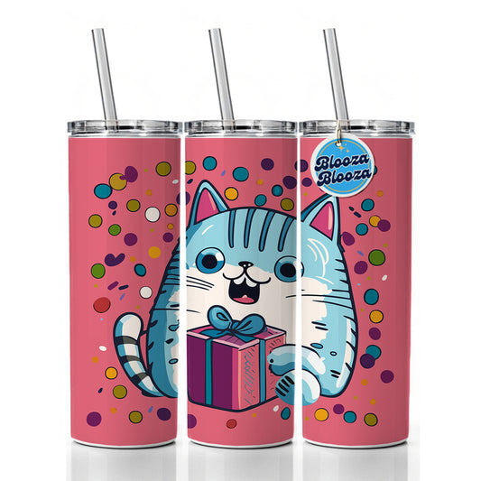 Birthday Cat Blue Funny Skinny Tumbler 20oz with Straw Insulated Water Bottle Gift