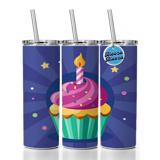 Birthday Cupcake with Candle Skinny Tumbler 20oz with Straw Insulated Water Bottle Gift