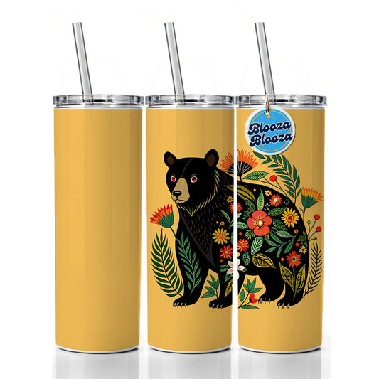 Black Bear Floral Motif Skinny Tumbler 20oz with Straw Insulated Water Bottle Gift