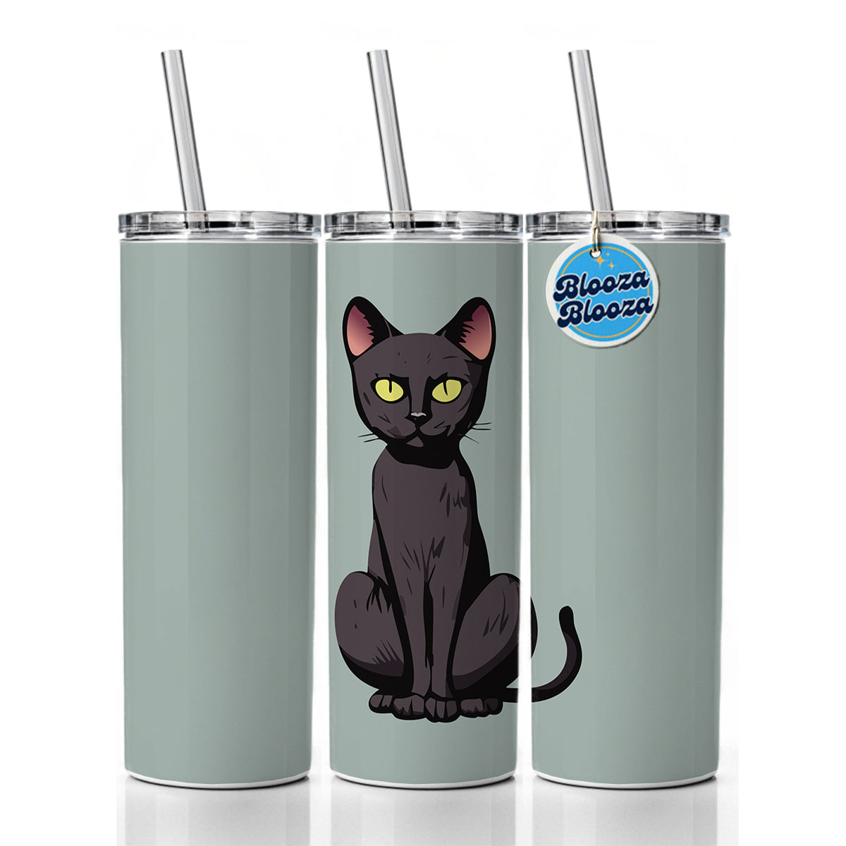 Black Bombay Cat Sitting Skinny Tumbler 20oz with Straw Insulated Water Bottle Gift