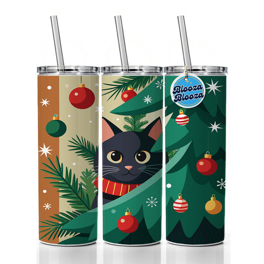 Black Cat Hiding in Christmas Tree Skinny Tumbler 20oz with Straw Insulated Water Bottle Gift