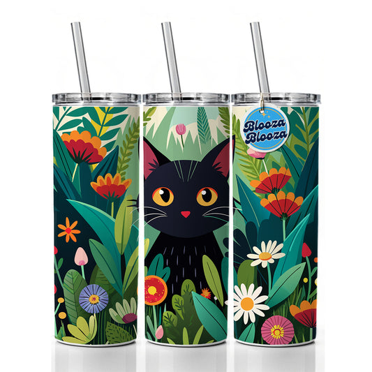 Black Cat Hiding in Flower Garden Skinny Tumbler 20oz with Straw Insulated Water Bottle Gift