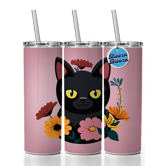 Black Cat in Flowers Skinny Tumbler 20oz with Straw Insulated Water Bottle Gift