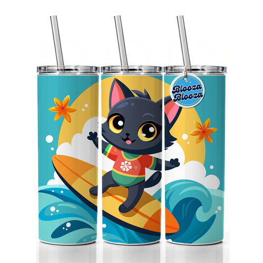 Black Cat Kitty Girl Surfing Skinny Tumbler 20oz with Straw Insulated Water Bottle Gift