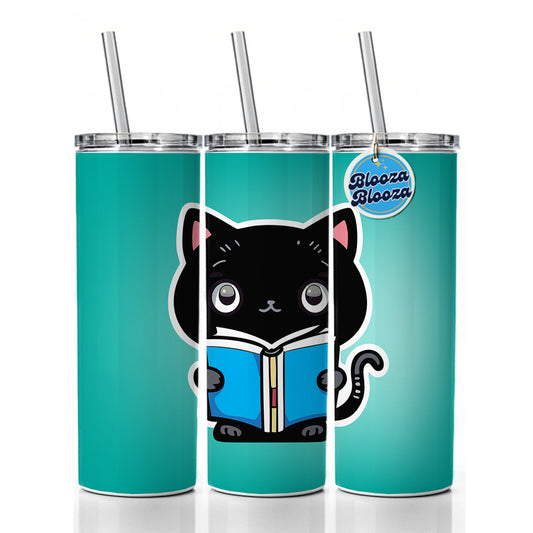 Black Cat Reading Book Skinny Tumbler 20oz with Straw Insulated Water Bottle Gift